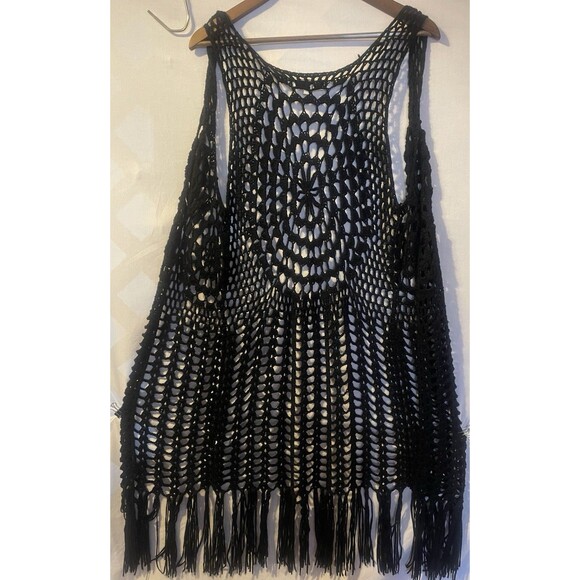 UMGEE Black Crochet Long Fringe Vest/Duster Goth Bohemian Whimsigoth  S - Picture 5 of 9